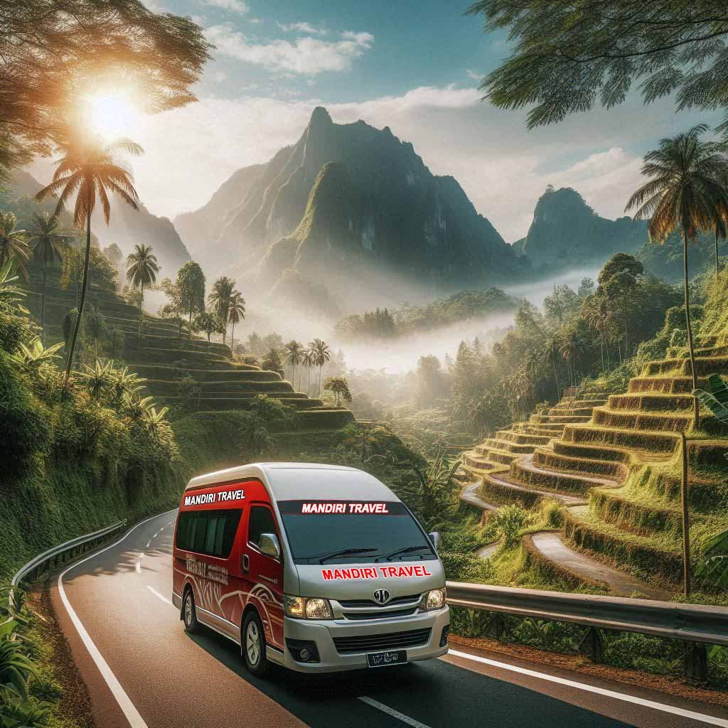 Armada Mandiri Travel melintas di jalur hijau menuju situs Gunung Padang Cianjur, layanan transportasi nyaman dan terpercaya dari Jakarta.