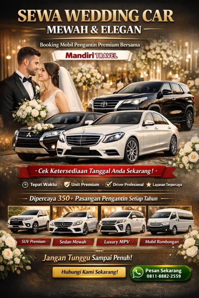 Sewa wedding car premium untuk hari spesial Anda. Alphard, Mercedes, BMW siap antar tepat waktu. Booking cepat bersama Mandiri Travel!